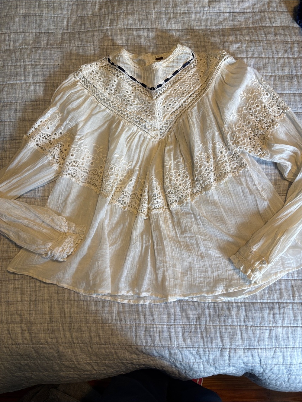 Free People Ivory Eyelet Peasant Top with Lace Yoke